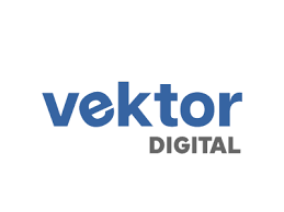 Vektor Digital logo i mørkeblå og grå tekst på hvid baggrund